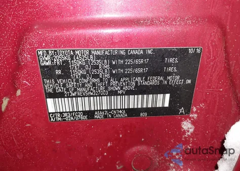 2017 Toyota Rav4 Xle из США, поврежденный, VIN 2T3WFREV5HW327003